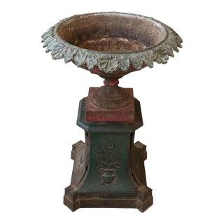19th Century Victorian Cast Iron Urn With Plinth Base For Sale