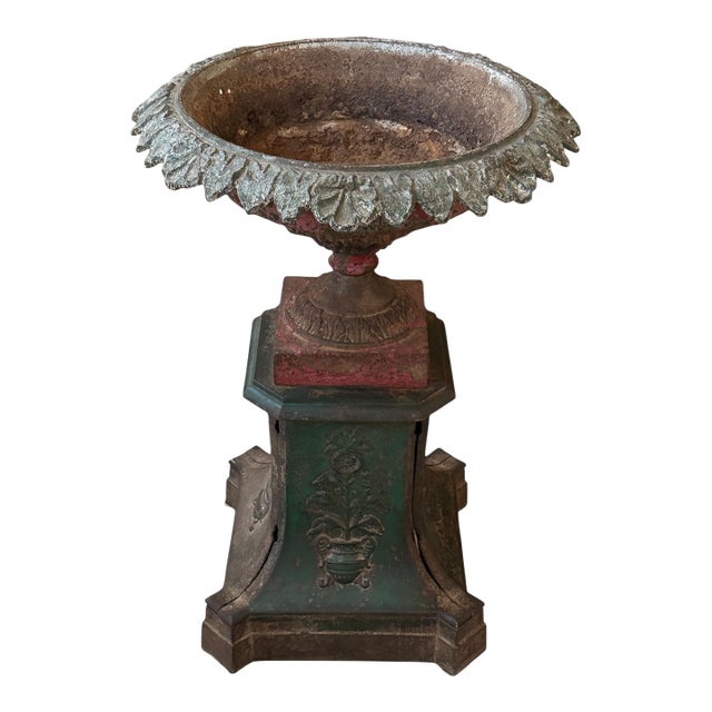 19th Century Victorian Cast Iron Urn With Plinth Base For Sale