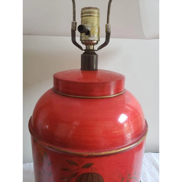 Asian 1970s Paul Hanson Hand Painted Metal Table Lamp With Asian Accent For Sale - Image 3 of 11