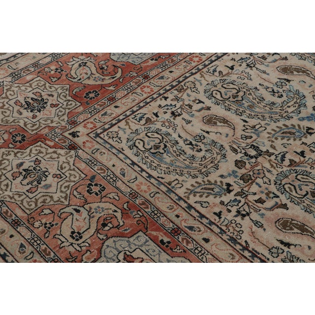 Cream Antique Mahal Geometric Cream Pink Res and Blue Wool Paisley Rug For Sale - Image 8 of 10
