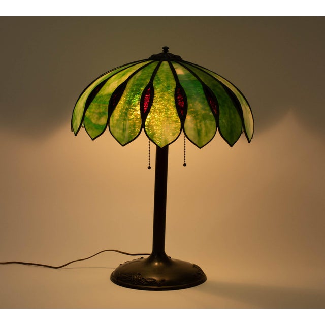 Green Tiffany Style Slag Glass Table Lamp For Sale - Image 8 of 10