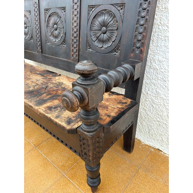 Wood Spanish Carved Wooden Bench, 1930 For Sale - Image 7 of 10