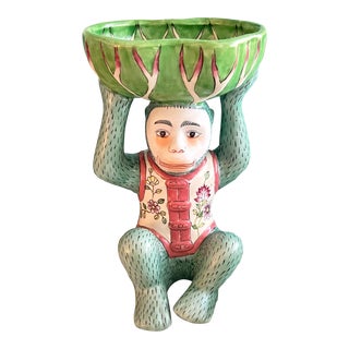 Late 20th Century Chinoiserie Porcelain Bok Choy Monkey Bowl For Sale