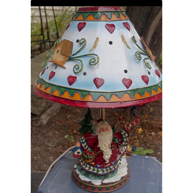 1990s Vintage Santa Claus Table Lamp Metal Heart Shade Folk Art Christmas Decor New For Sale - Image 5 of 5
