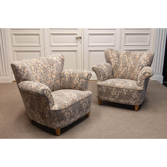 Vintage Danish Wingback Chairs with Jacquard Fabric, 1940s, Set of 2 For Sale - Image 11 of 16