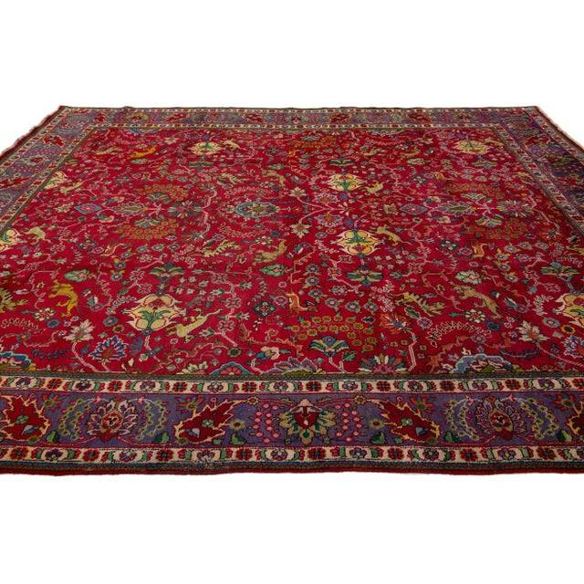 Textile Vintage Handmade Tabriz Red Wool Rug With Allover Floral Design For Sale - Image 7 of 8