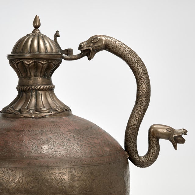 Impressive Oversized Turkish Brass Teapot With Snakes For Sale - Image 11 of 12