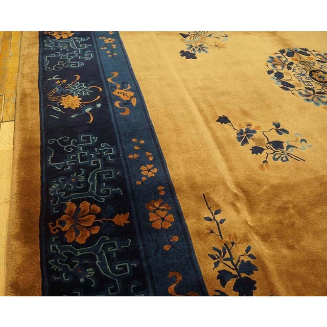 Early 20th Century 1900s Tan Camel Floral Medallion Antique Chinese Art Deco Rug 10'3" X 13'8" Handknotted Wool Carpet For Sale - Image 5 of 6