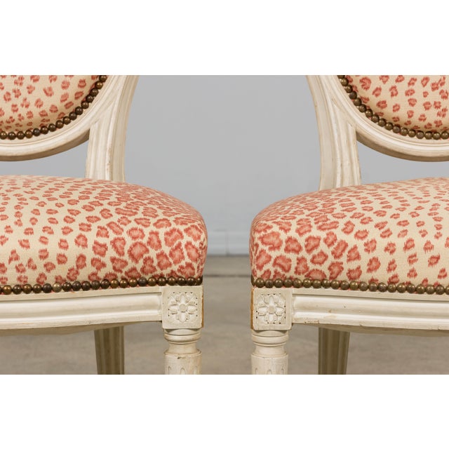 Wood Antique French Louis XVI Style Painted Dining Chairs W/ Leopard Jacquard - Set of 6 For Sale - Image 7 of 18