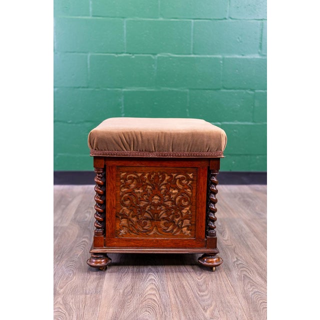 Antique English Victorian Rosewood Upholstered Piano Stool / Ottoman With Storage For Sale - Image 4 of 18
