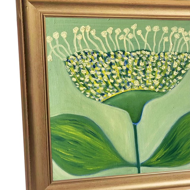 A quietly extraordinary original painting featuring an oversized allium flower rendered in soft yellow-green against a...