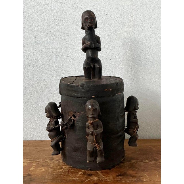 Oxblood Red Vintage Boho Carved Figure Tribal Lidded Pot For Sale - Image 8 of 10