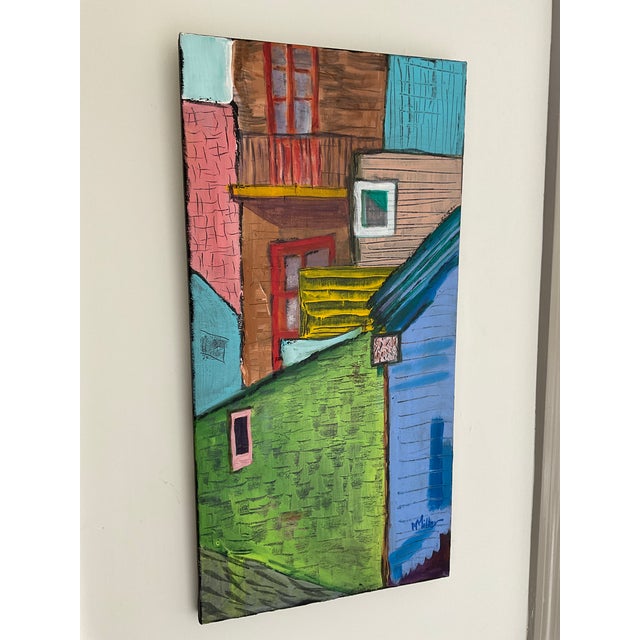 Uplift your space with a sense of playful modernism with this original acrylic painting by M. Miller. This vertical...