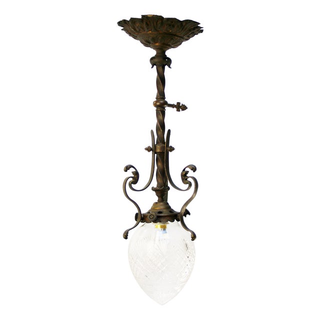Art Nouveau Brass, Iron and Clear Cut Glass Flush Mount For Sale