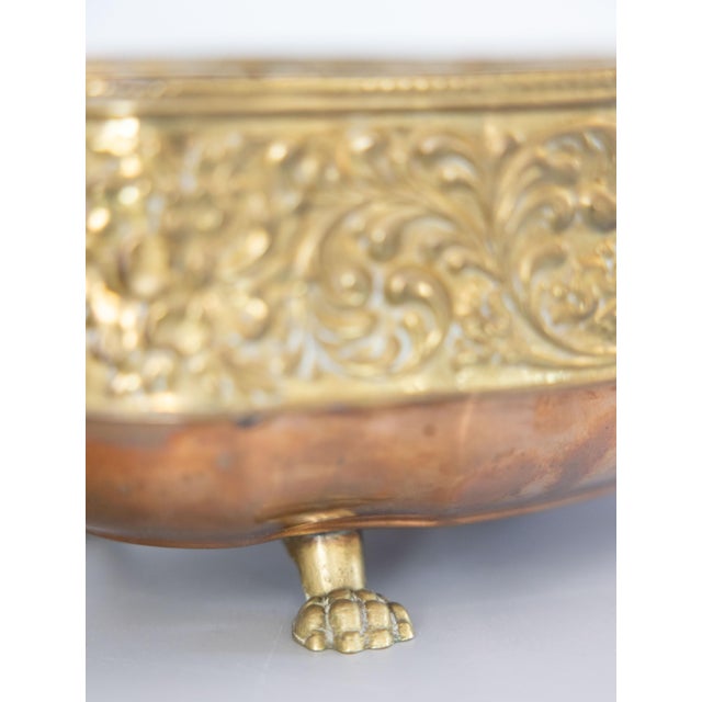 Metal Antique English Brass & Copper Repoussé Footed Cachepot Planter With Eagle Handles For Sale - Image 7 of 11
