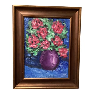 Vintage Still Life With Roses in Vase Roses Original Oil Painting Floral Art Artist Signed For Sale