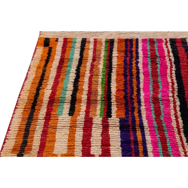 Vintage Beni Ourain Moroccan Handmade Multicolor Designed Beige Wool Rug For Sale In New York - Image 6 of 12
