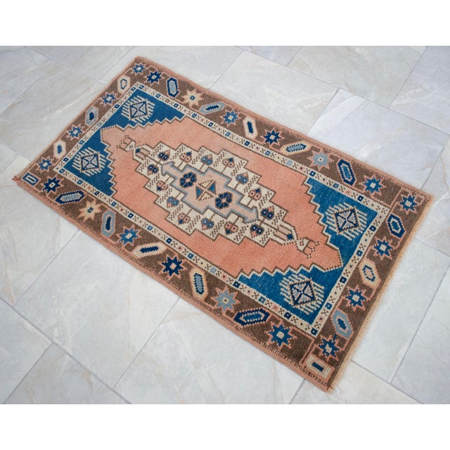 Front of Kitchen Sink Rug Hand Made Small Turkish Rug Bath Mat Faded Mini Rugs 2'2" X 3'10" For Sale - Image 11 of 14