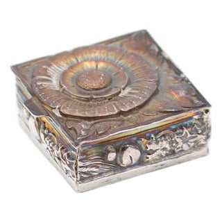 Square Silver Pill Box with Floral Motifs For Sale