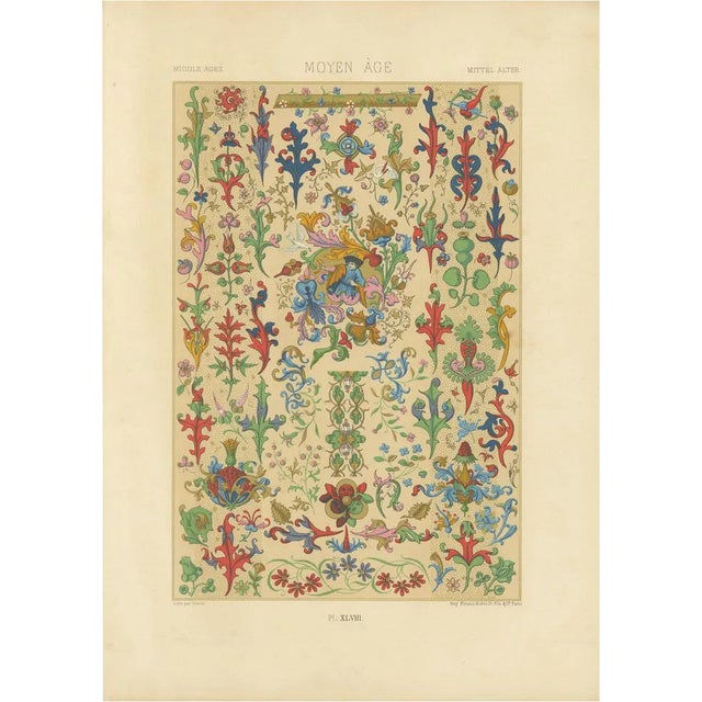After Racinet, Medieval Floral Ornament Illuminated Manuscript Motifs, Plate XLVIII, 1869, Print For Sale