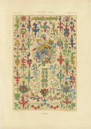After Racinet, Medieval Floral Ornament Illuminated Manuscript Motifs, Plate XLVIII, 1869, Print