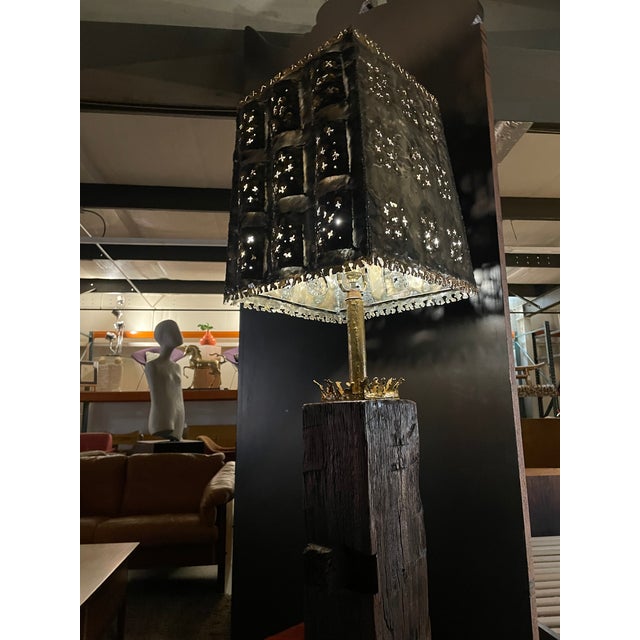 Wood Vintage 1970s Brutalist Torch Cut Table Lamp With Nakashima Style Wood Base For Sale - Image 7 of 15