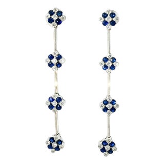 Late 20th Century 14K White Gold Diamond Sapphire Chandelier Floral Tier Earrings, Pair For Sale