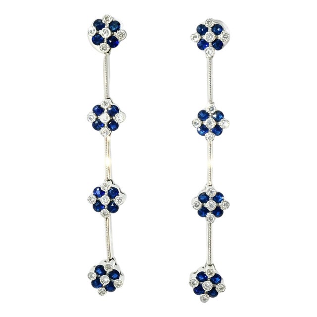 Late 20th Century 14K White Gold Diamond Sapphire Chandelier Floral Tier Earrings, Pair For Sale