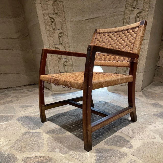 Clara Porset Style Armchair, Red Pine Wood & Seagrass, Mexico, 1940s For Sale - Image 12 of 14