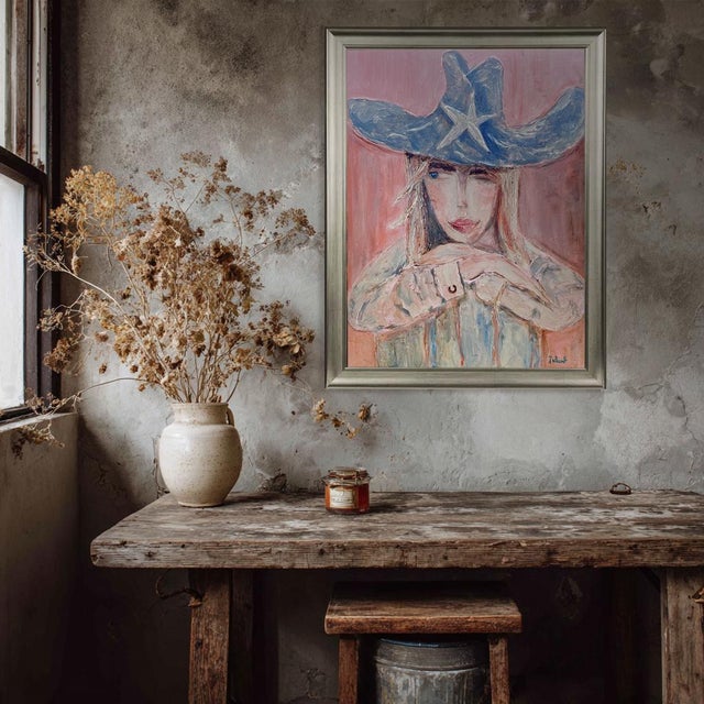 2020s Coastal Cowgirl Original Painting, Western Fashion Art, Pink Blue Wall Decor by Tatiana Duperault For Sale - Image 5 of 5