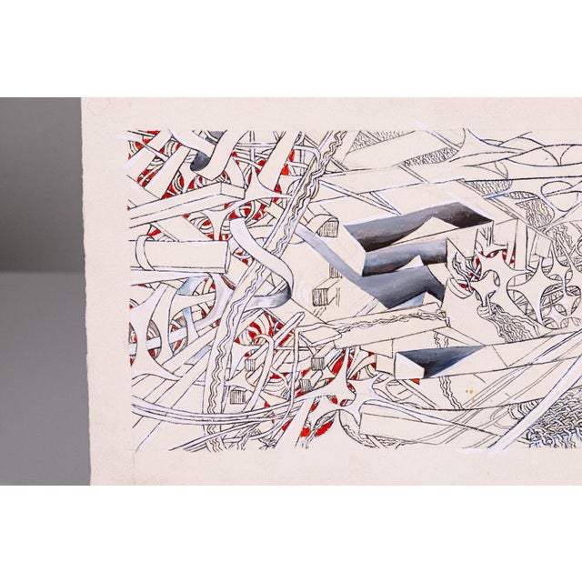 Modern Glen Michaels Signed Modern Red & Gray Watercolor Ink Drawing Paper 8.5h X 20w For Sale - Image 3 of 6