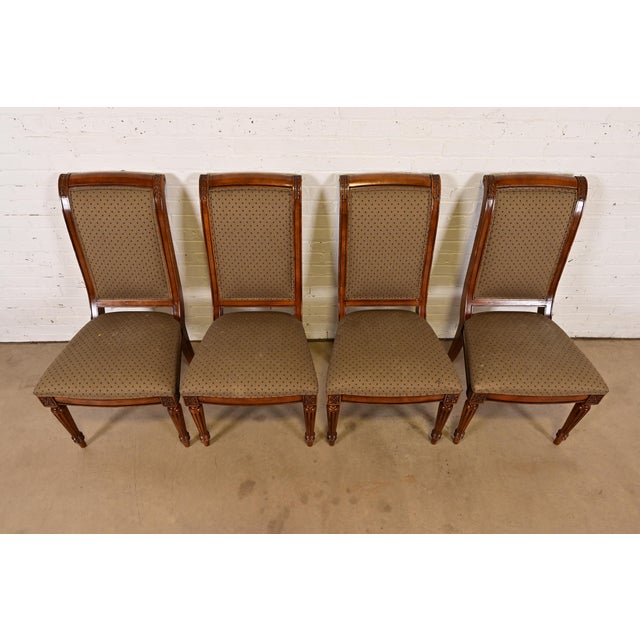Late 20th Century Ethan Allen French Regency Louis XVI Carved Cherry Wood Upholstered Dining Chairs, Set of Four For Sale - Image 5 of 10