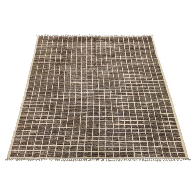 12x16 Brown Modern Moroccan Style Grid Hand-Knotted Wool Area Rug For Sale - Image 9 of 9