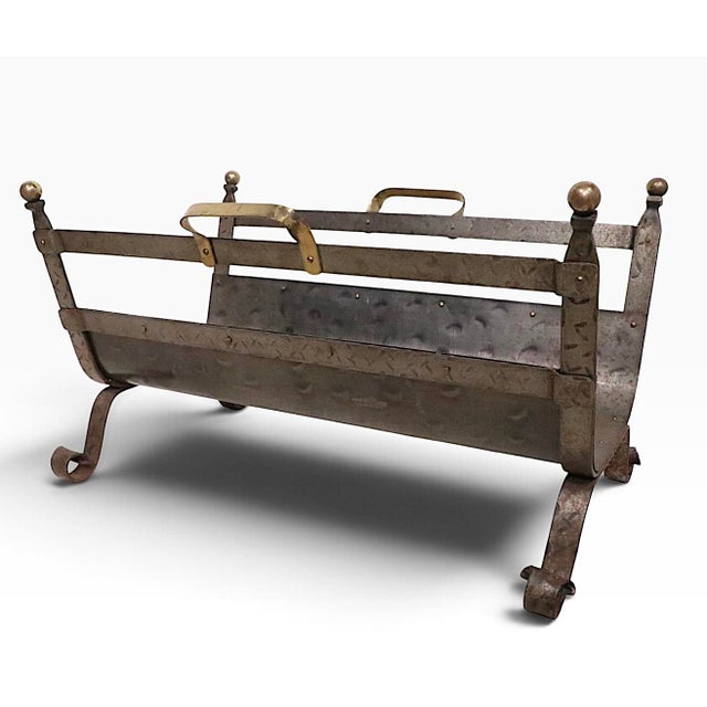 Metal Mid 20th Century Arts and Crafts Style Iron and Brass Firewood Log Holder For Sale - Image 7 of 13