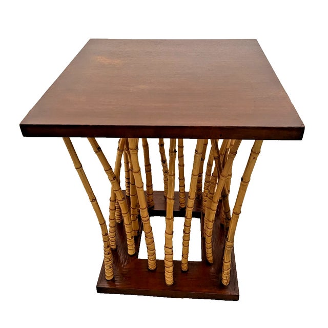 Brown Mid-Century Side Table Hollywood Regency Bamboo & Wood Forest-Base For Sale - Image 8 of 12