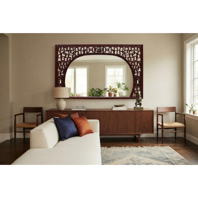 Chinese Reddish Brown Stain Geometric Scenery Carving Wood Frame Wall Mirror For Sale - Image 10 of 12