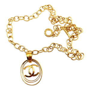 Chanel Vintage Gold Plated CC 3 Rings Large Pendant Chain Long Necklace