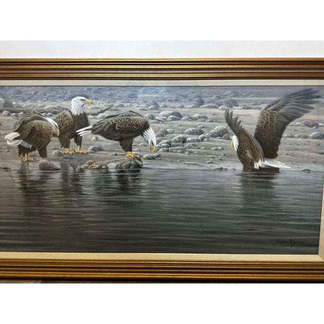 1 Large British Fine Art Hunting Painting North American Bald Eagles Gathering Fishing By Justin Prigmore. Subject...