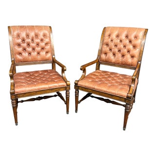 Country French Leather Tufted Open Arm Chairs/Pair For Sale