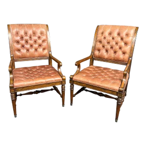 Country French Leather Tufted Open Arm Chairs/Pair