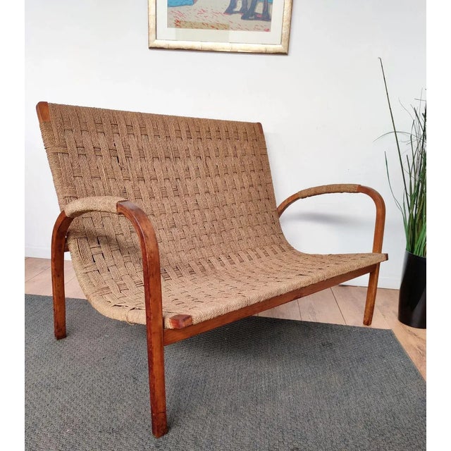 Mid-Century Italian Wood and Cord Woven Rope Bench, 1960s For Sale - Image 3 of 8