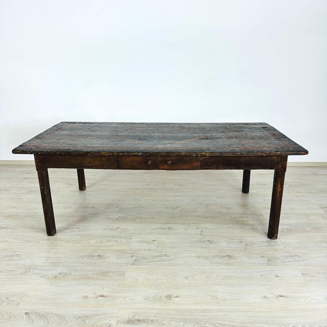 Dimensions: H 30” x W 85.5” x D 42.7” 17/18c Italian Farmhouse dining or kitchen table with geometric marquetry design and...