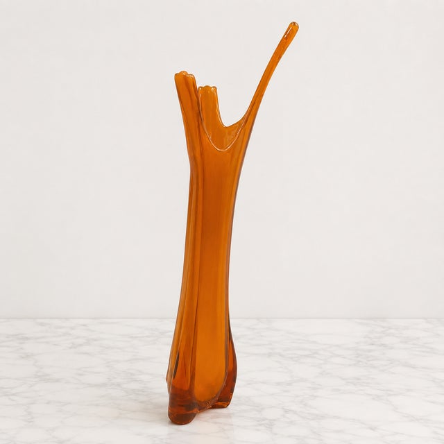Viking Glass Three Foil Persimmon Swung Vase – Tall Mid-Century Modern Amber Orange Art Glass For Sale In Miami - Image 6 of 9