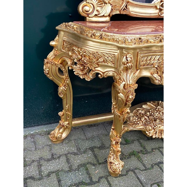 1970s Italian Baroque Gilt Beech Pink Marble Console & Mirror – 2 Pc For Sale - Image 10 of 18