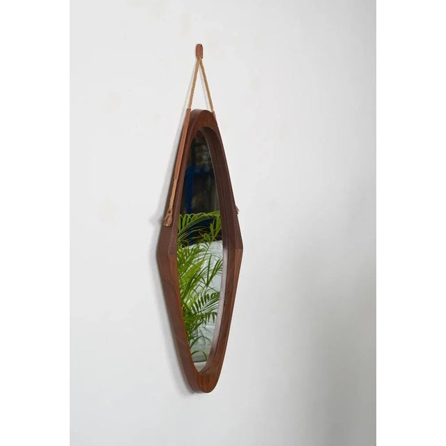 Mid-Century Modern Mid-Century Italian Oval Shield Mirror in Curved Teak, Rope and Leather, 1960s For Sale - Image 3 of 12