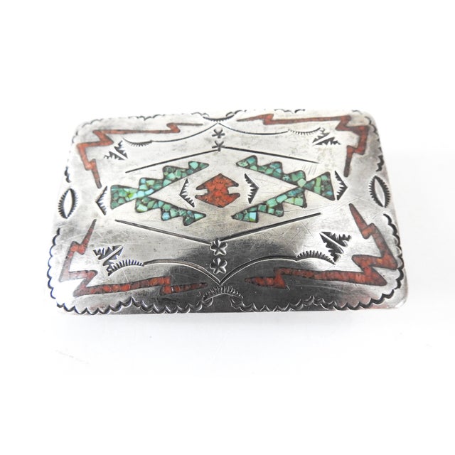 Vintage 1970's handmade silver buckle with turquoise and coral chip inlay design. Signed Begay on back, fits up to a 1.5"...