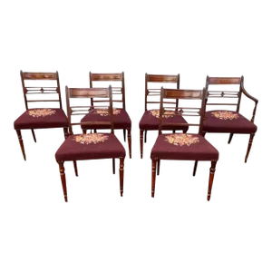 Early 20th Century Antique English Regency Mahogany Needlepoint Upholstered Seat Dining Chairs - Set of 6