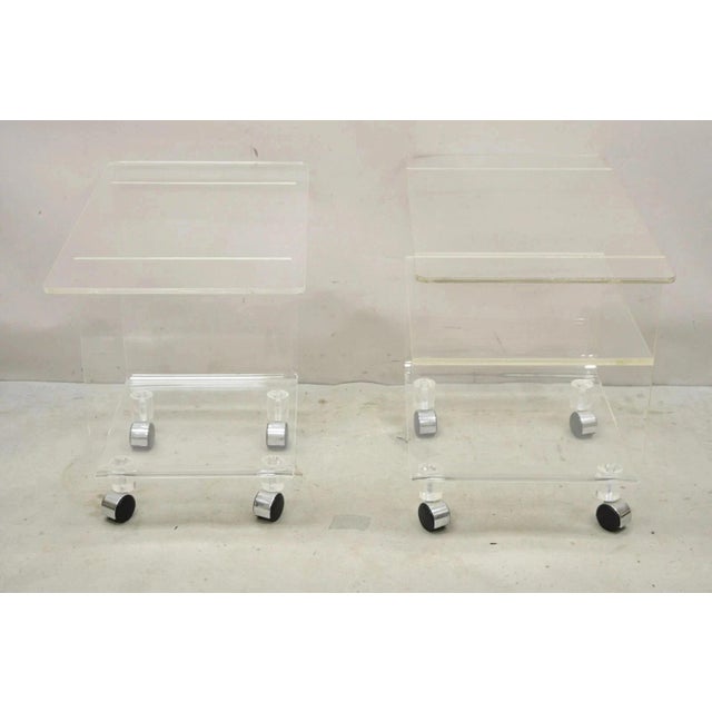 Vintage Clear Lucite Acrylic Mid Century Modern Rolling Side Tables - A Pair For Sale - Image 11 of 11