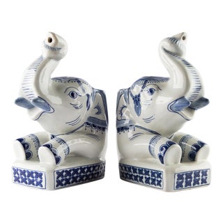 Blue and White Ceramic Elephant Bookends For Sale