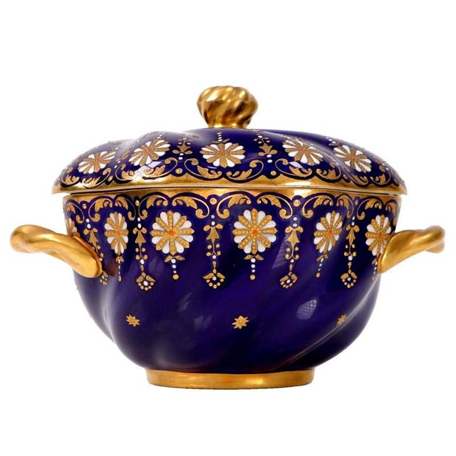 Black Antique Coalport Jewelled Cobalt Blue Twin-Handled Covered Bowl, 1872 For Sale - Image 8 of 14